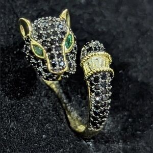 Rachel Zoe Black and Gold Panther Ring with Green Eyes